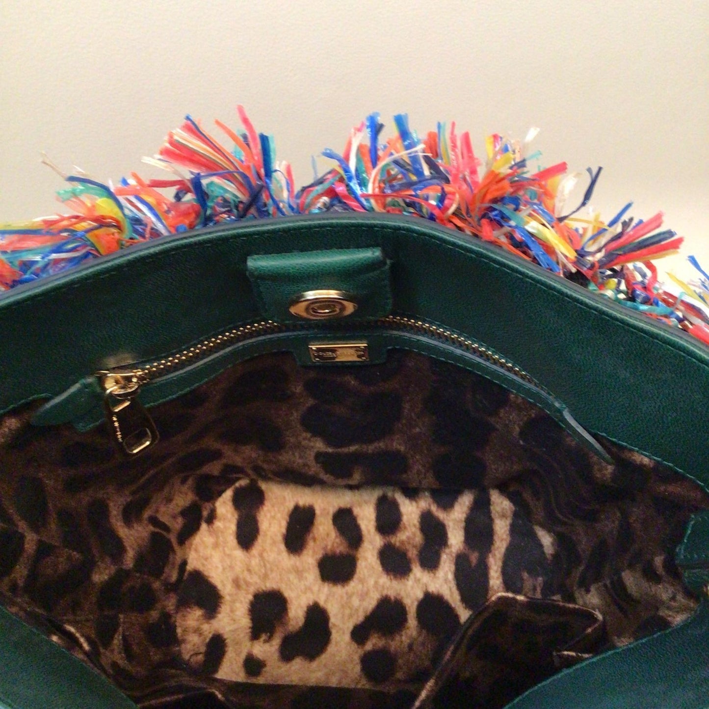 DOLCE & GABBANA Fringe Bucket Tote Bag Leather Green MultiColor DG Logo Women