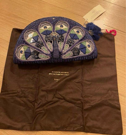 Kate Spade New York Peacock Clutch Bag Straw Full Plume Blue
