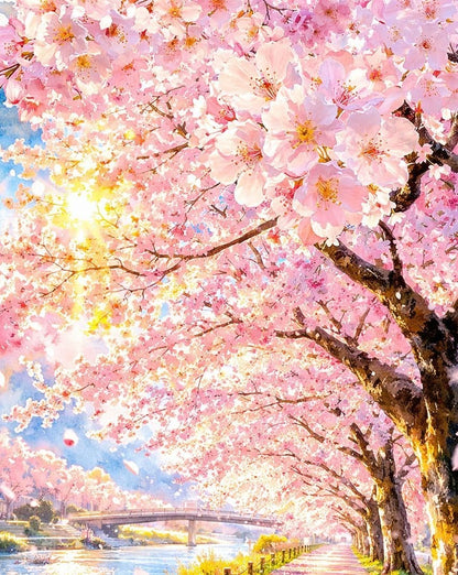 Spring scenery, cherry blossom trees, digital art