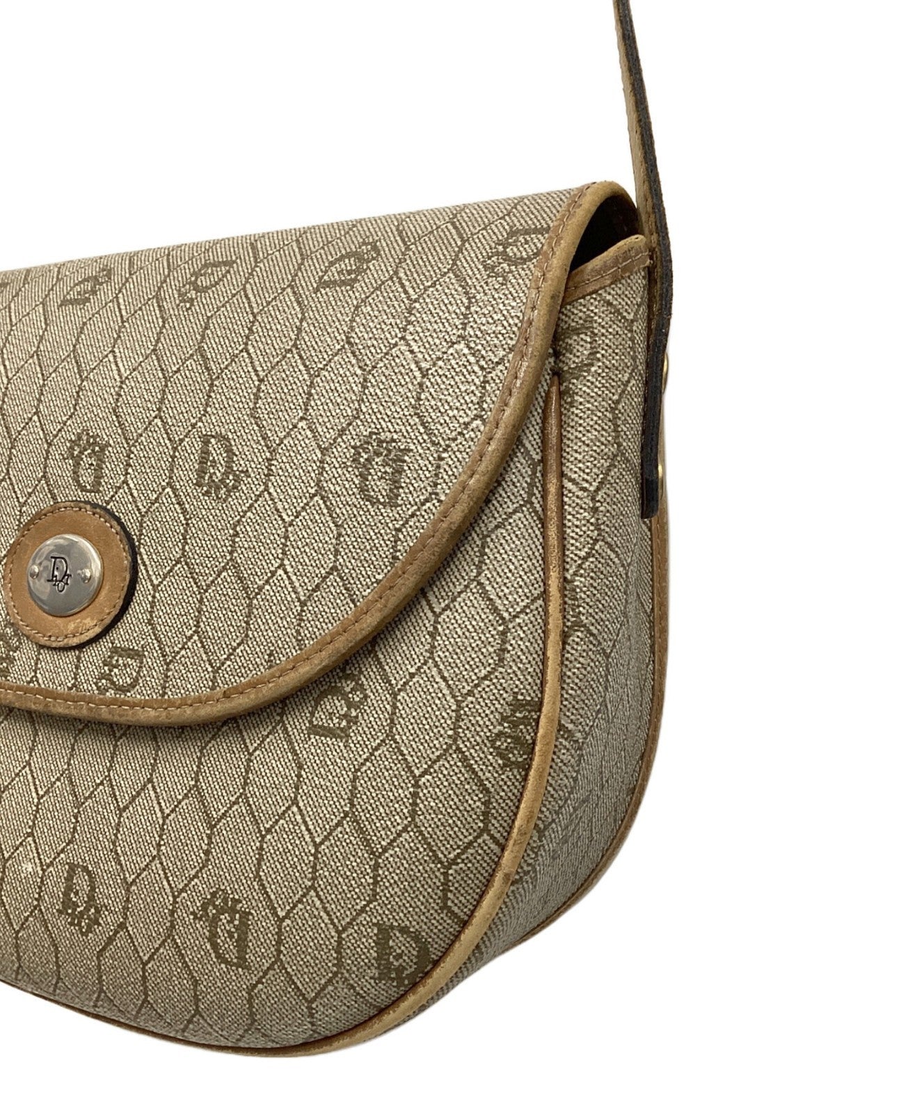 Dior Honeycomb Shoulder Crossbody Bag Beige Canvas Leather Vintage Auth 115534