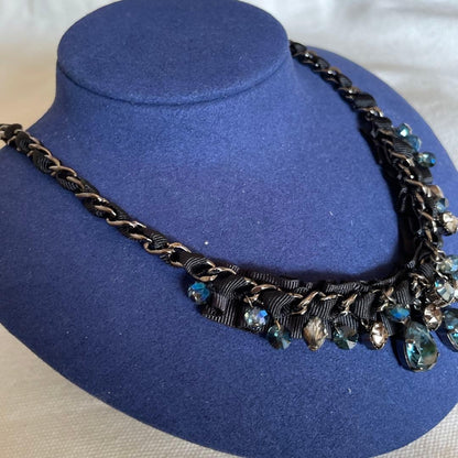 LANVIN Blue Stone Necklace Black Ribbon Elegant Designer Jewelry From Japan Rare