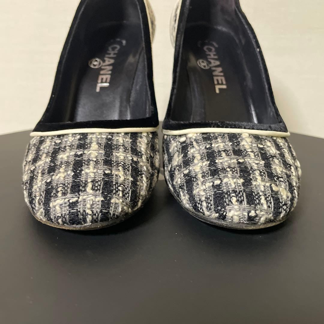 CHANEL Shoes Pumps Heel EU 36 US 6 Tweed Black White Authentic