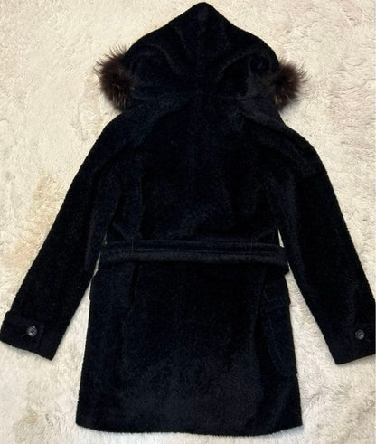 Max Mara Belted Alpaca Shaggy Fur Coat Jacket Blouson Women Size 42 Black