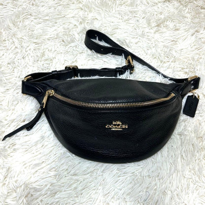 COACH F48738 Waist Bag Leather Black Gold Hardware Crossbody Unisex Genuine