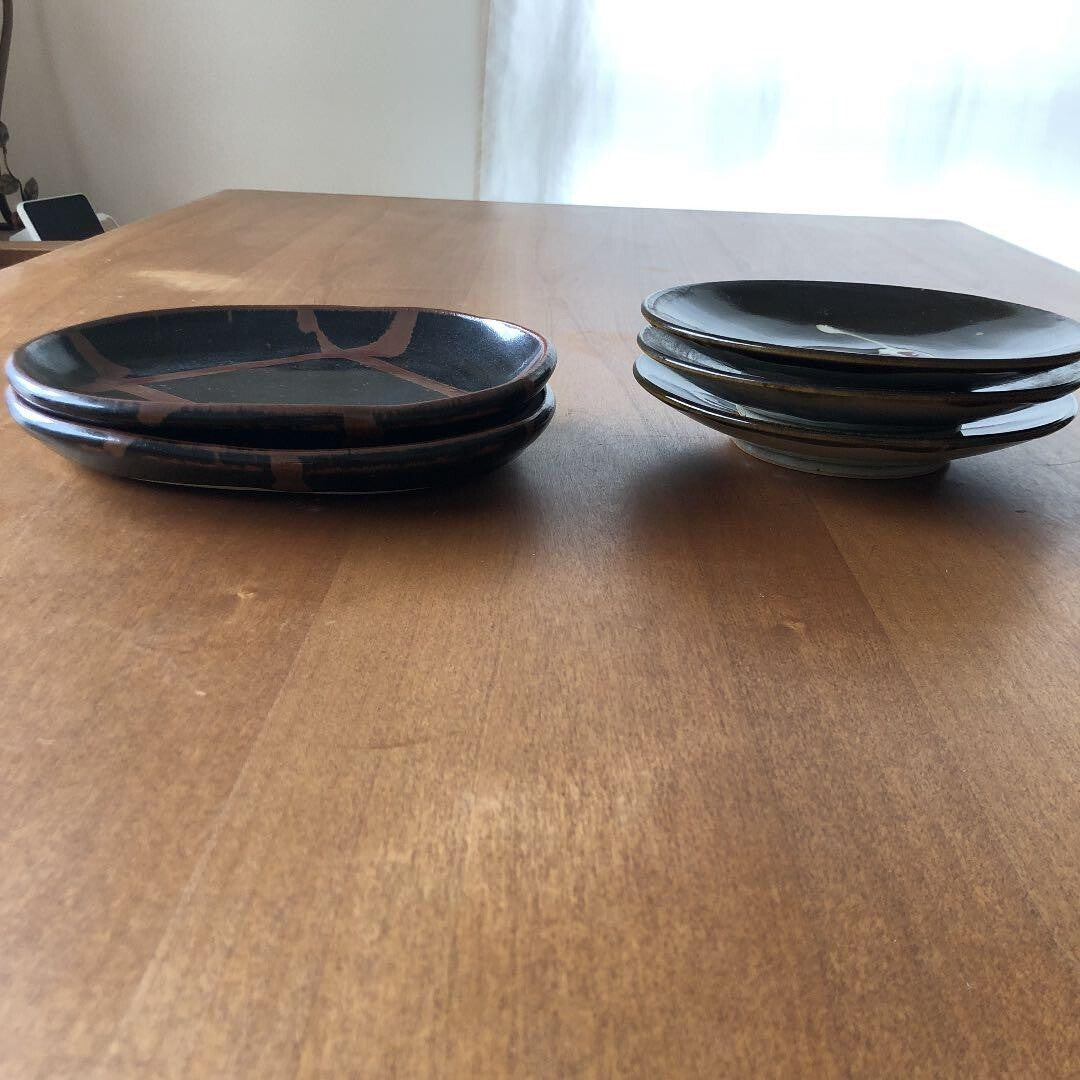 Unused Mashiko ware side plate and medium plate set by Hamada Shoji Mingei