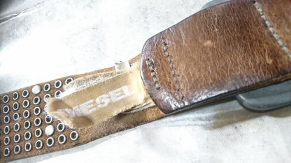 Diesel Men Vintage-like Studded Brown Leather Belt Total length 102cm Luxury LTD