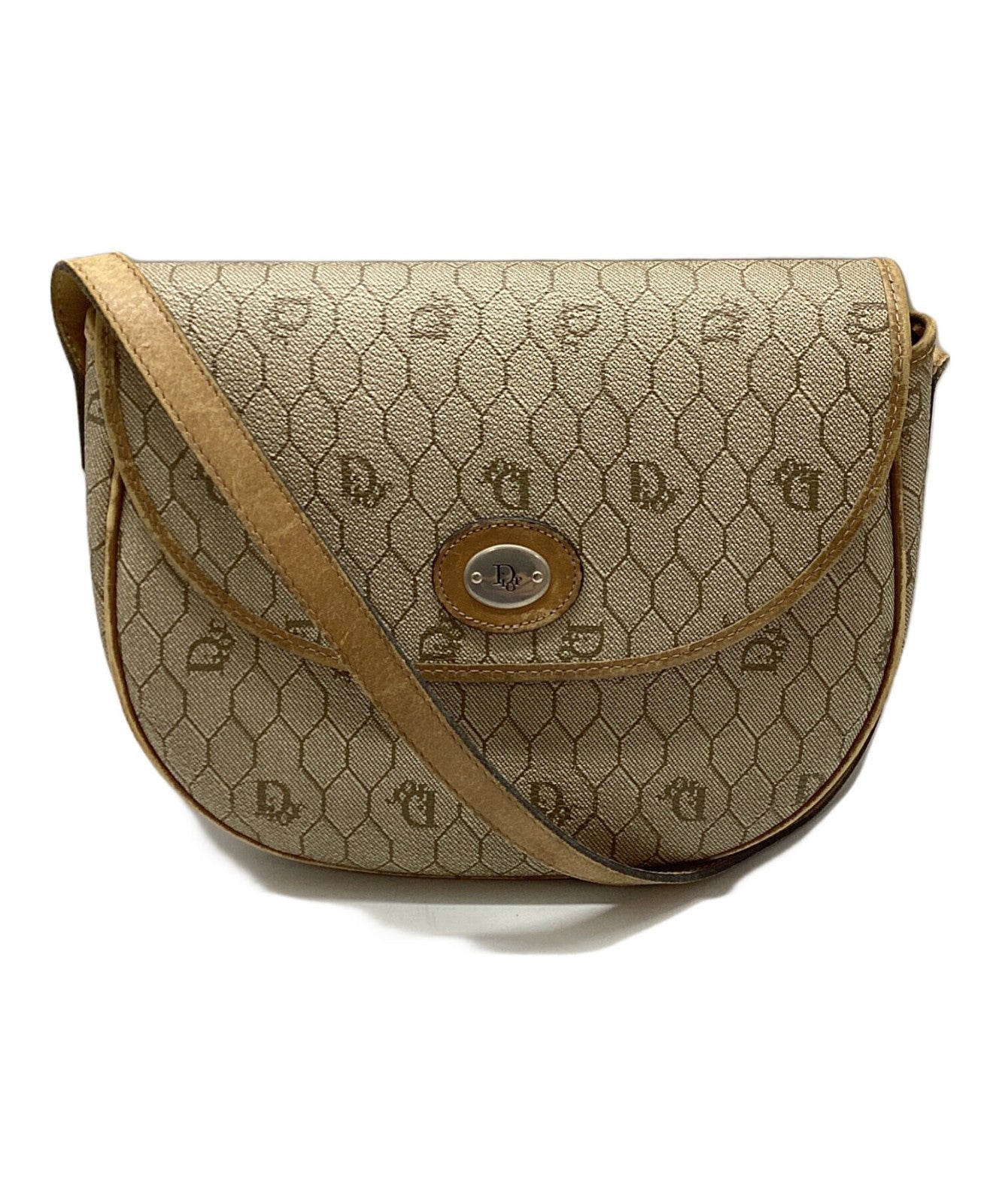 Dior Honeycomb Shoulder Crossbody Bag Beige Canvas Leather Vintage Auth 115534