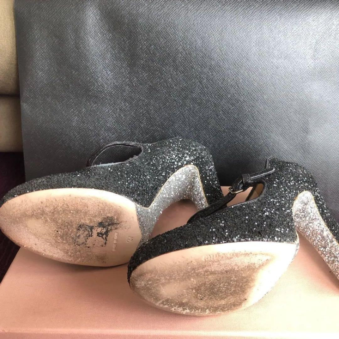 Rare Miu Miu Glitter Heels Black Silver 11cm Chunky Heel Size 37 EU Italy Luxury