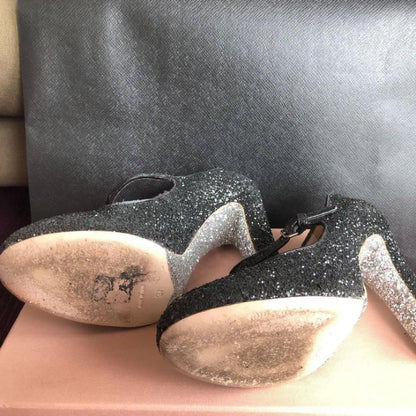 Rare Miu Miu Glitter Heels Black Silver 11cm Chunky Heel Size 37 EU Italy Luxury