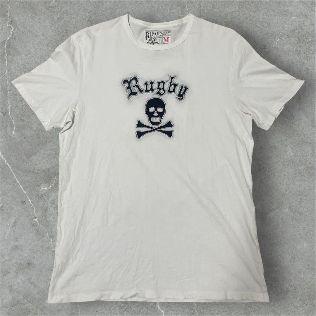 RALPH LAUREN RUGBY T-Shirt M White Skull & Crossbones Embroidery
