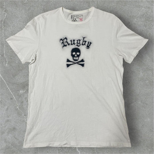 RALPH LAUREN RUGBY T-Shirt M White Skull & Crossbones Embroidery
