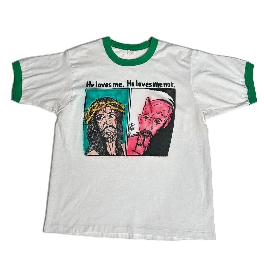 Rare 80s Jesus Devil Graphic T-Shirt He Loves Me Not VTG Screen Stars L