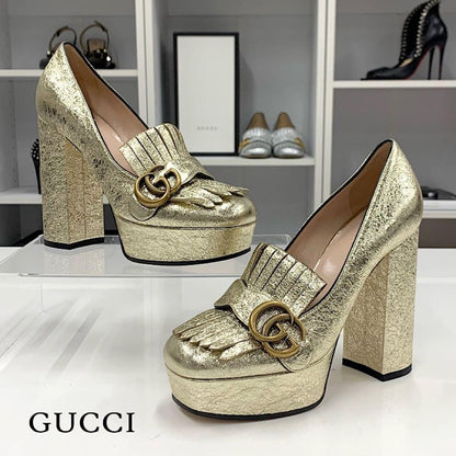 Gucci Double G Leather Fringe Pumps Gold Size 36.5