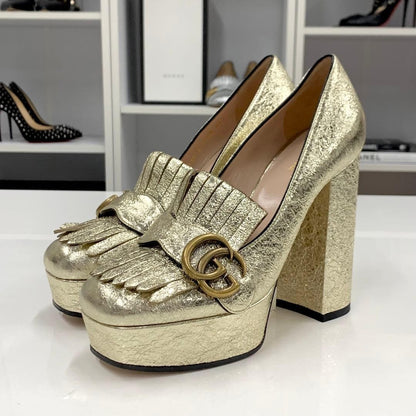 Gucci Double G Leather Fringe Pumps Gold Size 36.5