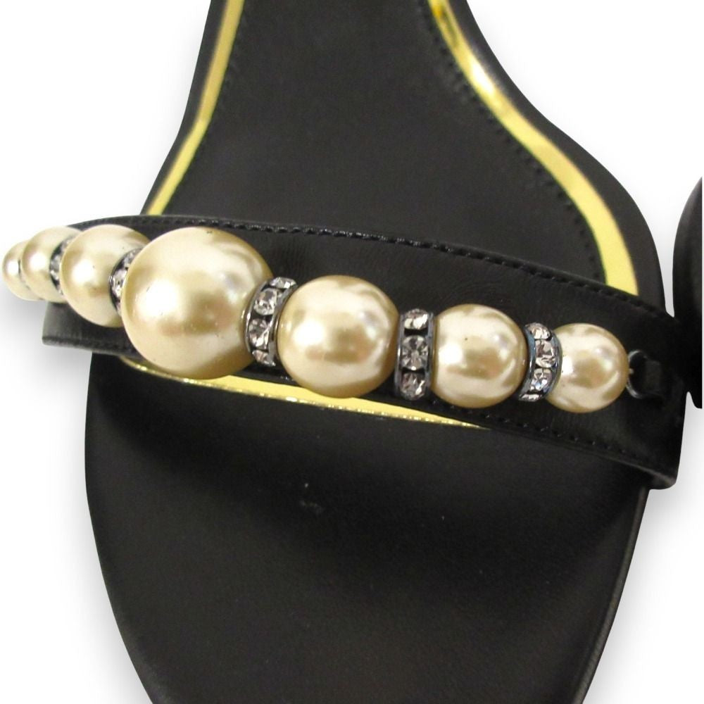 LANVIN Faux pearl embellished ankle strap sandals 40.5 Black Women USED