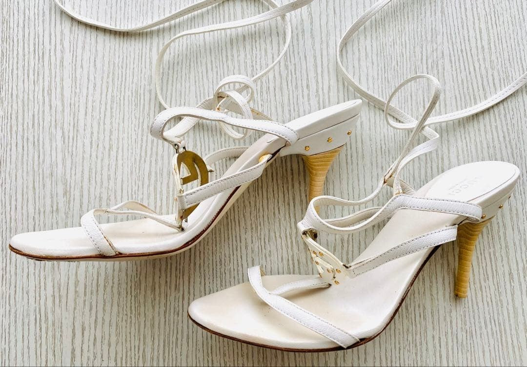 Gucci Women Lace-Up Sandals White 6.5US Excellent Used Leather Shoes