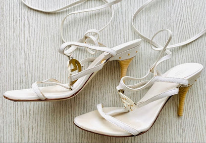 Gucci Women Lace-Up Sandals White 6.5US Excellent Used Leather Shoes