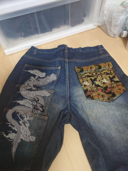 Kacho Fugetsu Men's Denim Jeans Pants Dragon Ryu Embroidered Blue Size 34