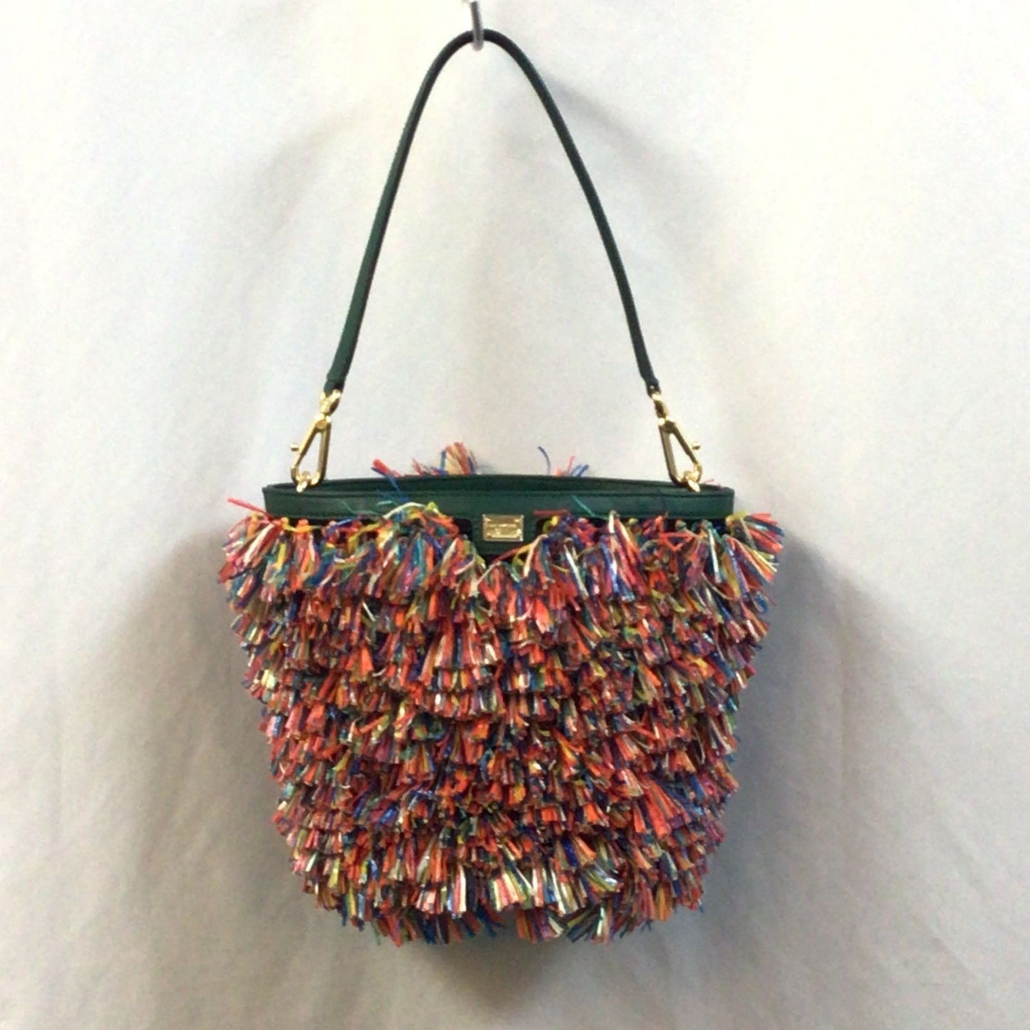 DOLCE & GABBANA Fringe Bucket Tote Bag Leather Green MultiColor DG Logo Women