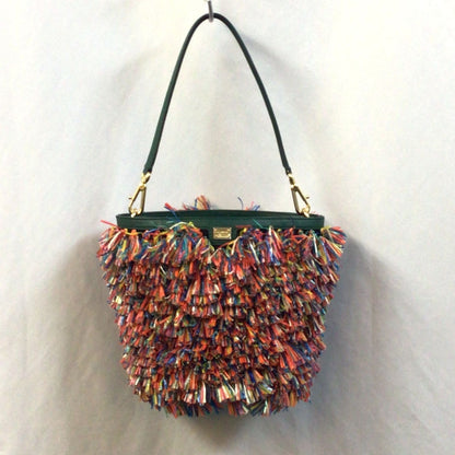 DOLCE & GABBANA Fringe Bucket Tote Bag Leather Green MultiColor DG Logo Women