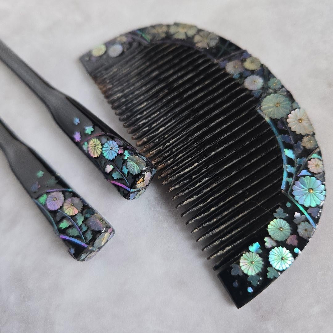 Japanese Hairpin, Comb, Black Lacquer, Mother-Of-Pearl, Hair Ornament, , N5, , C