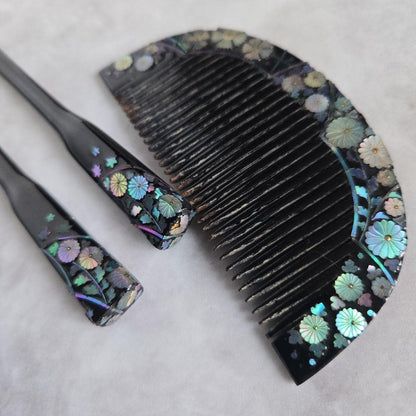 Japanese Hairpin, Comb, Black Lacquer, Mother-Of-Pearl, Hair Ornament, , N5, , C