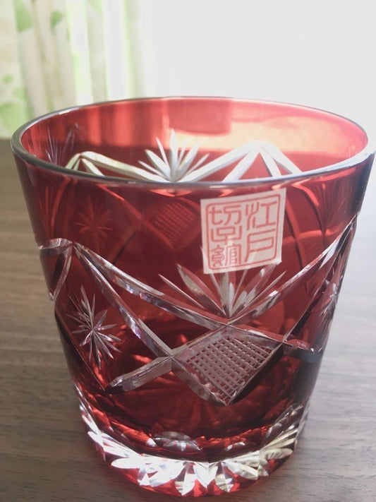 Edo Kiriko Red Crystal Glass with Intricate Design High-Quality Japanese Craft