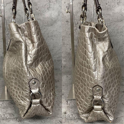 COACH Ashley Croc Embossed Leather Tote Bag Silver Y2K Rare