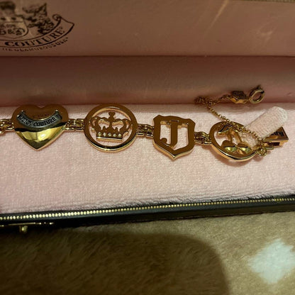 Juicy Couture Bangle bracelet Charm Gold Heart ribbon crown and cherries