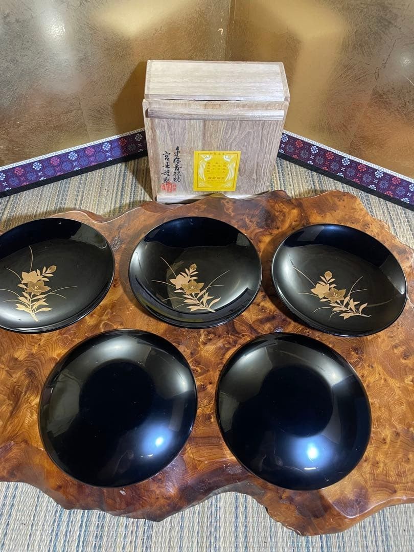 Wajima Lacquer Chinkin Black Dessert Plates Set of 5 by Miyakita with Box