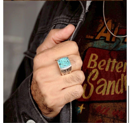 Turquoise Silver Ring with Vintage Eagle Carving - Men's