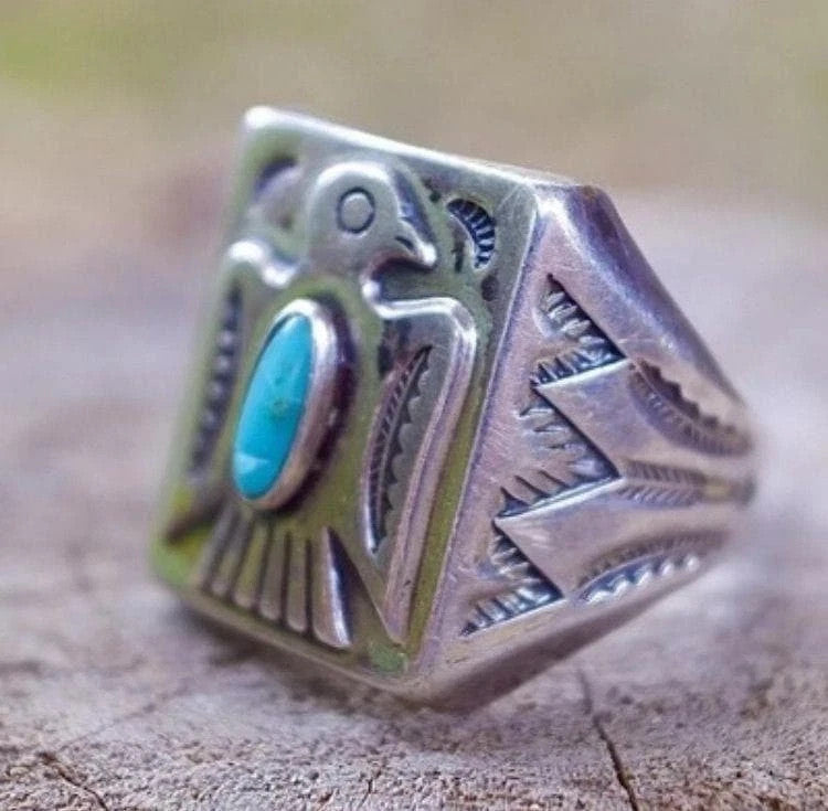 Men's Ring, Eagle Turquoise Ring, Silver, Indian Vintage, US Size 11