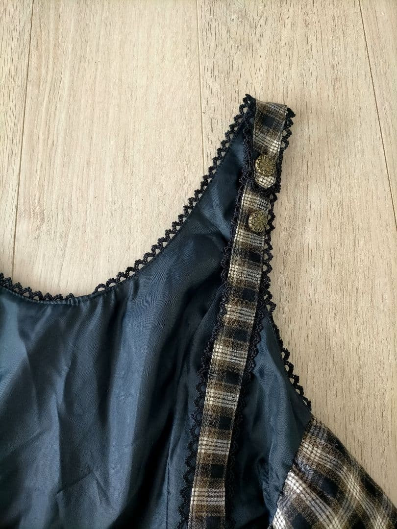 Axes Femme Plaid Embroidery Ribbon Dress Navy Japan