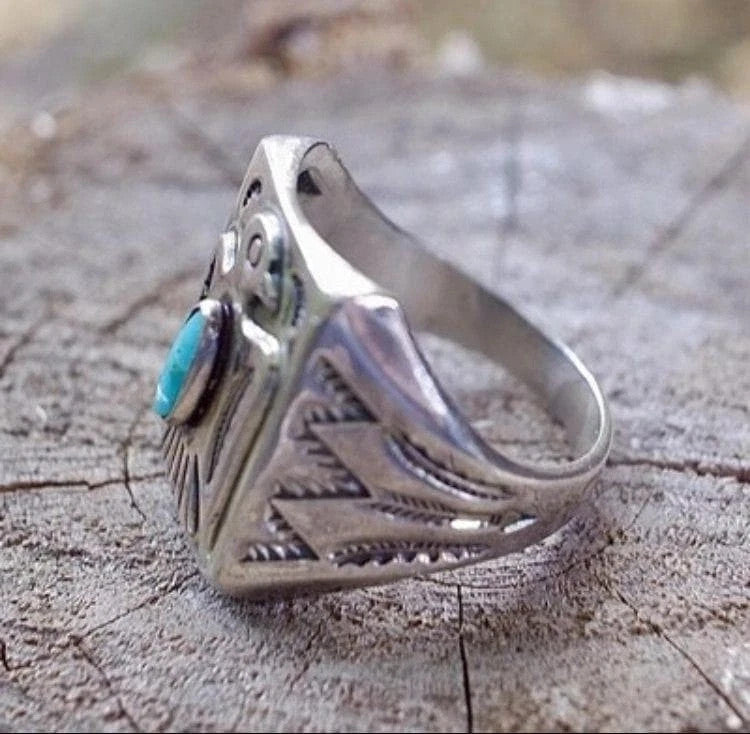Men's Ring, Eagle Turquoise Ring, Silver, Indian Vintage, US Size 11