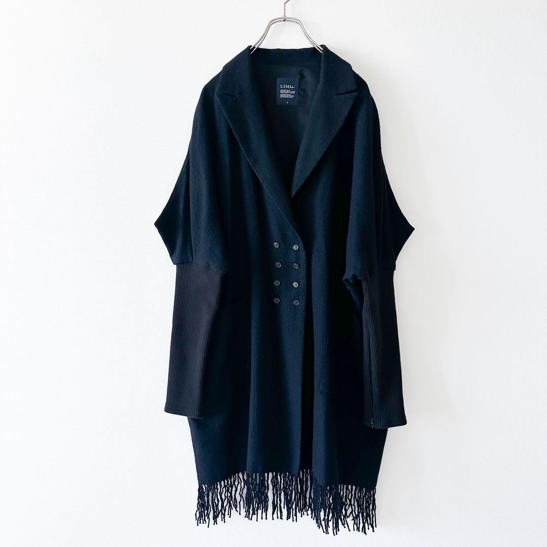 LIMI feu Wool Knit Fringe Shawl Collar Coat Black
