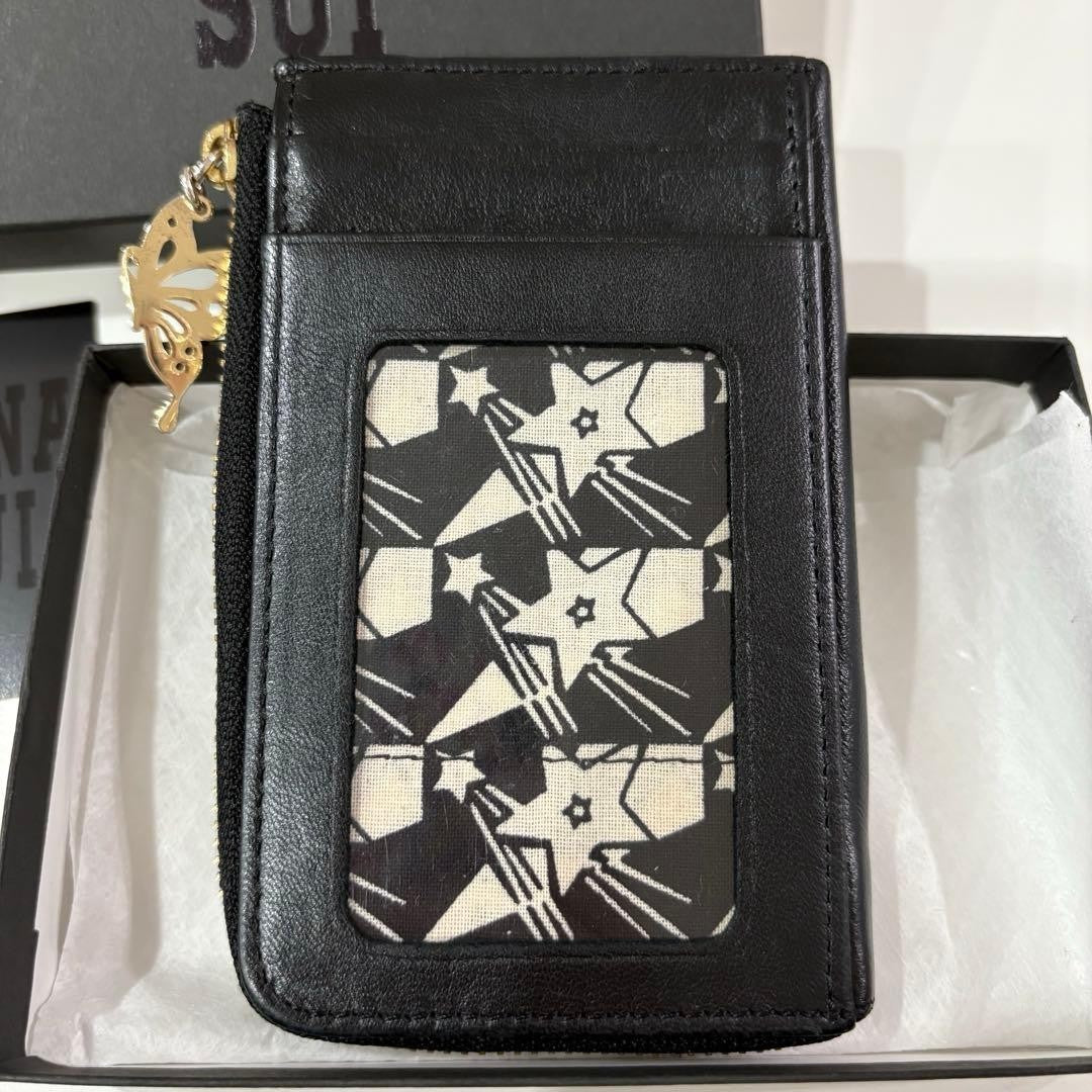 Anna Sui Moon Star Coin Case Black Pass Case 2 Pockets Used with Box from Japan