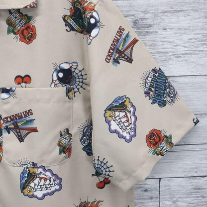 Rare Ben Davis Ink Full Pattern Tattoo Print Open Collar Shirt L