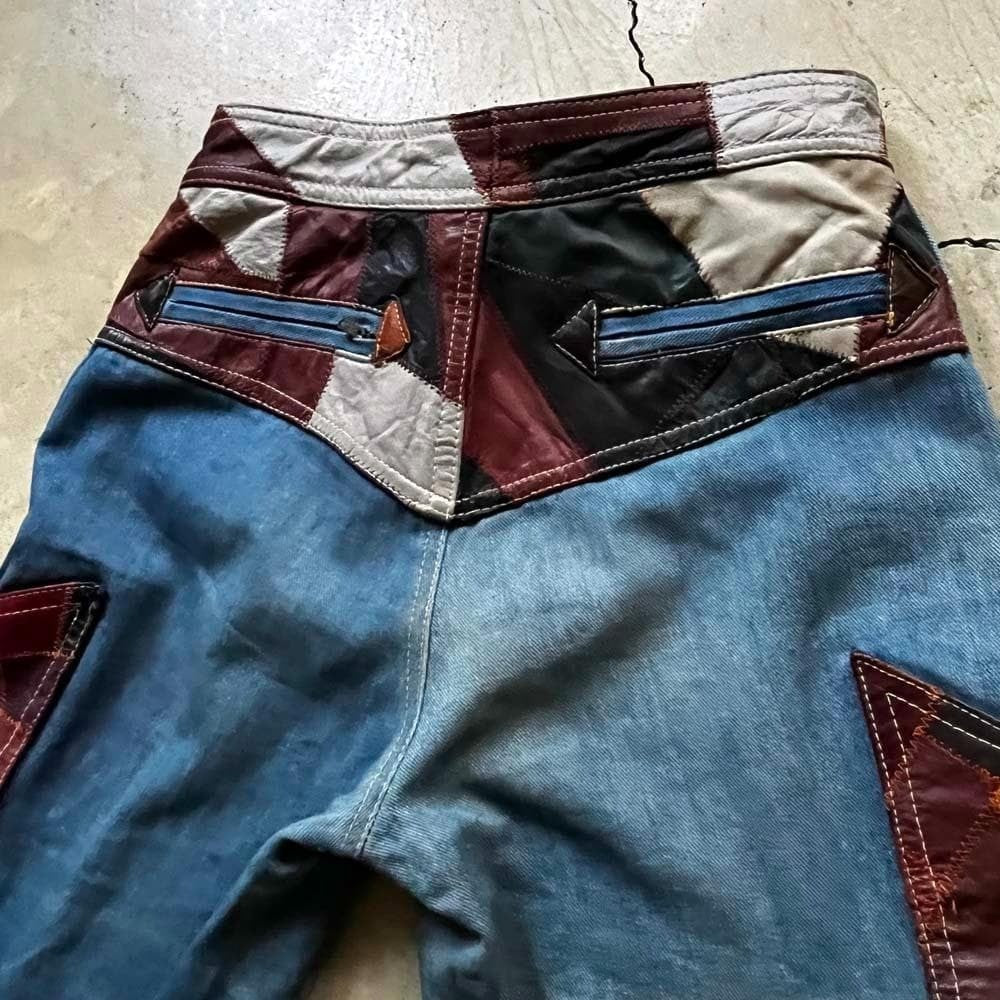 60S-70S Aura Vintage Patchwork Leather Bell Bottom/Jeans Denim Boot Cut East Wai