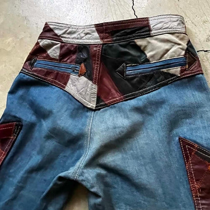 60S-70S Aura Vintage Patchwork Leather Bell Bottom/Jeans Denim Boot Cut East Wai