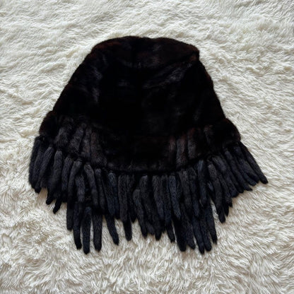 Rare SAGA MINK ROYAL Brown Fringe Shawl Poncho Large