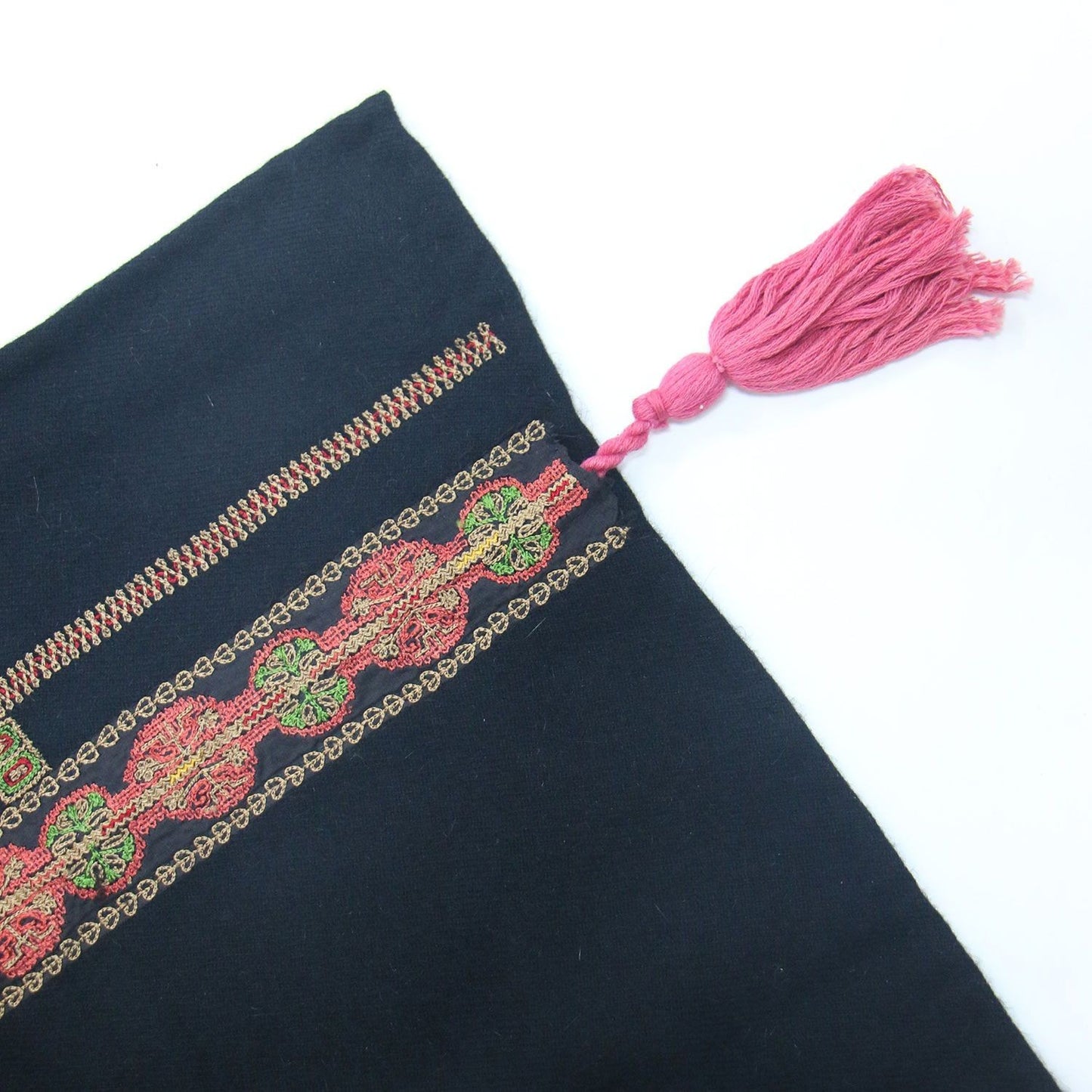 DRIES VAN NOTEN Stole Black/Wool Ethnic Pattern Embroidered Stole/Fringed