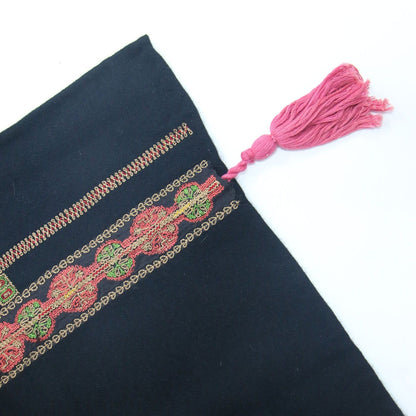 DRIES VAN NOTEN Stole Black/Wool Ethnic Pattern Embroidered Stole/Fringed