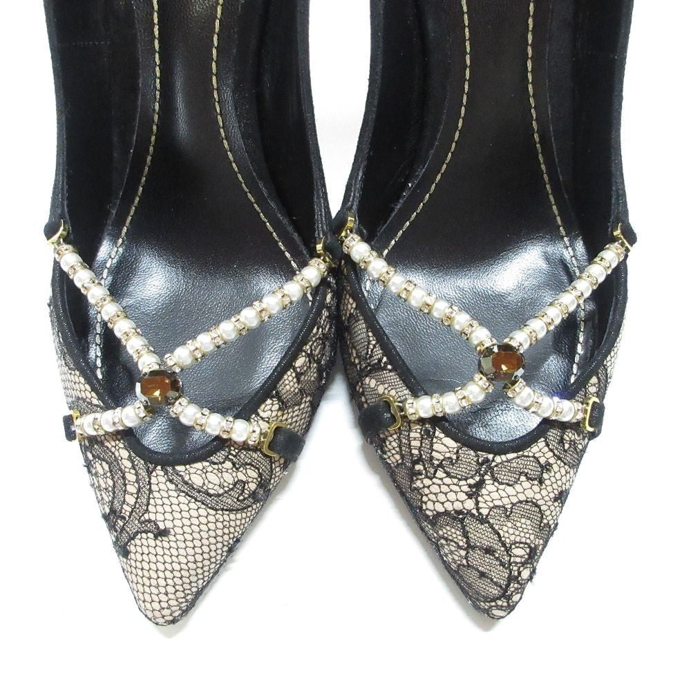 RENE CAOVILLA Lace Faux Pearl Pointed Toe Pumps Size 34 Black Beige Women USED