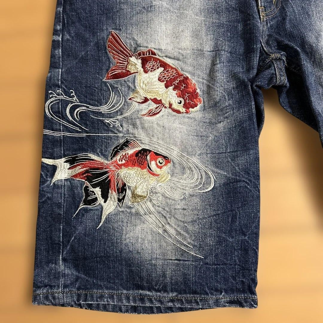 Karakuri Tamashii Goldfish Embroidered Denim Shorts Indigo/Size34/VG LTD From JP