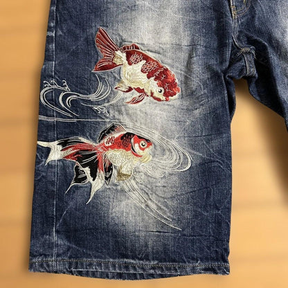 Karakuri Tamashii Goldfish Embroidered Denim Shorts Indigo/Size34/VG LTD From JP
