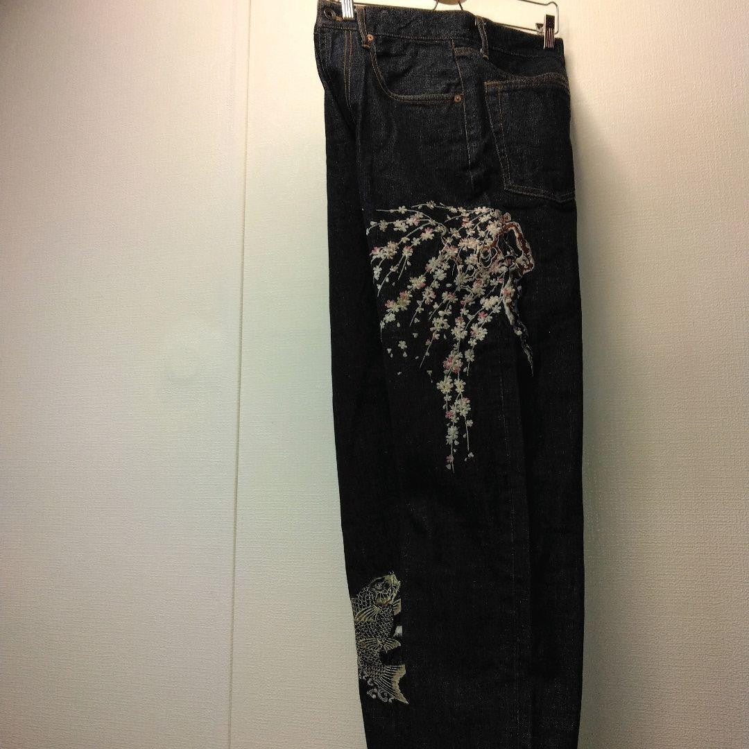Hanatabi Gakudan Men's Denim Jeans Pants Koi Sakura Embroidered Blue 30