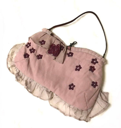 JAMIN PUECH Beaded Silk Embroidery Pink Leather Bag Art Craft Handbag Authentic