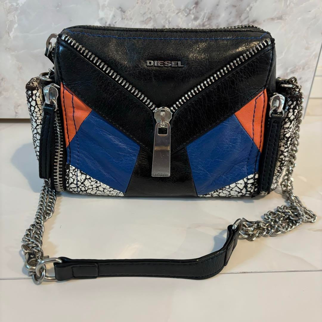 Diesel Women Shoulder Bag Chain Leather Zipper Black Multicolor Luxury Stylish