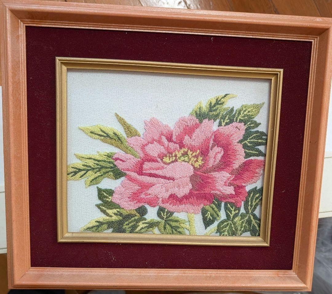 Hand-embroidered Peony Artwork Framed in a Tea-Colored Frame with Surface Glass
