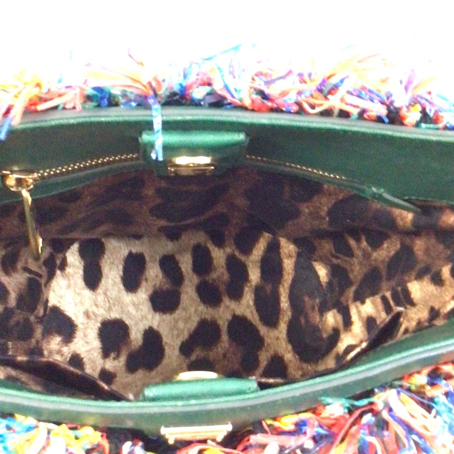 DOLCE & GABBANA Fringe Bucket Tote Bag Leather Green MultiColor DG Logo Women